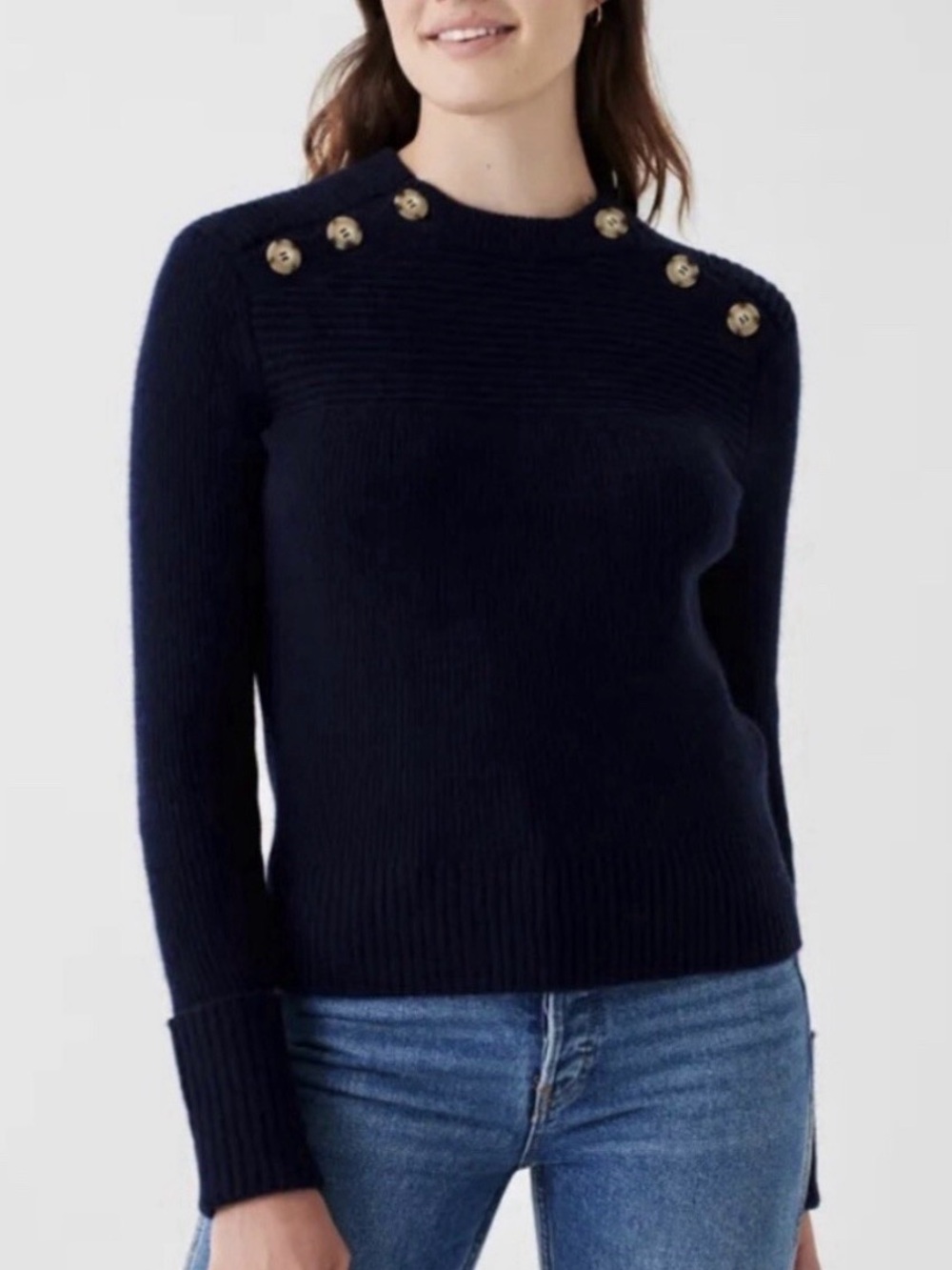Faherty Sweater Women’s Small Mulino Navy Wool Cashmere Button Shoulder Ribbed